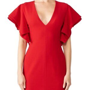 Women’s Black Halo Red Simona Sheath Dress Peplum Sleeves, Size 6, Excellent
